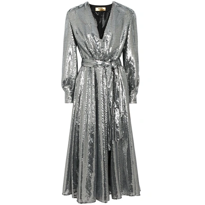 Shop Msgm Silver Sequinned Midi Dress