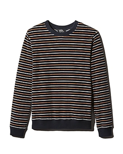 Shop Apc Striped Velour Sweatshirt In Dark Navy
