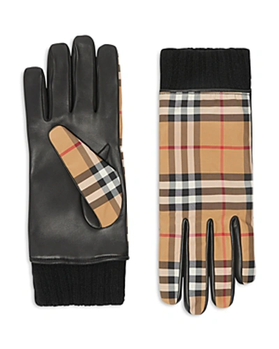 Shop Burberry Cashmere-lined Leather-trimmed Check Gloves In Yellow