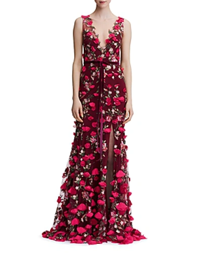 Shop Marchesa Notte Embroidered Floral-appliqué Gown In Wine