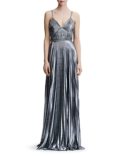 Shop Marchesa Notte Pleated Lame Gown In Silver
