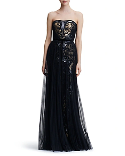 Shop Marchesa Notte Strapless Sequined Tulle-overlay Gown In Black Gold