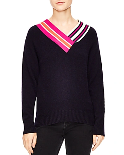 Shop Sandro Nepeta Striped V-neck Sweater In Deep Navy