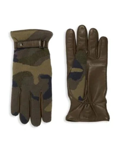 Shop Valentino Cashmere & Leather Camo Gloves In Blue