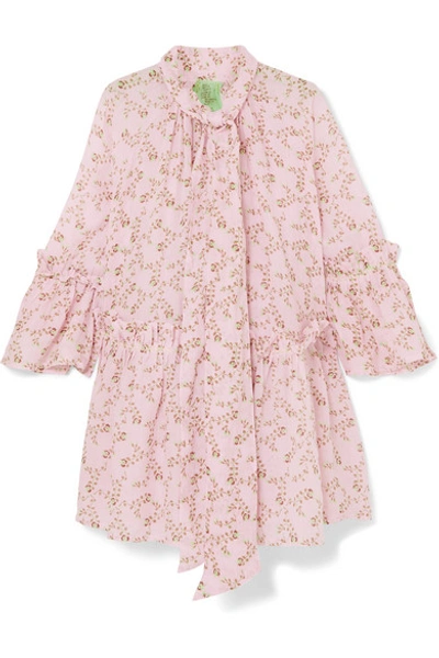 Shop Yvonne S Angelica Ruffled Floral-print Linen Tunic In Baby Pink