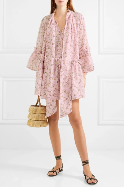 Shop Yvonne S Angelica Ruffled Floral-print Linen Tunic In Baby Pink