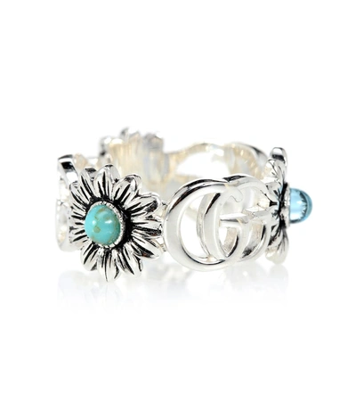 Shop Gucci Double G Flower Sterling Silver Ring With Topaz And Mother Of Pearl