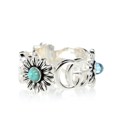 Gucci Double G Flower Sterling Silver Ring With Topaz And Mother Of Pearl In Silver