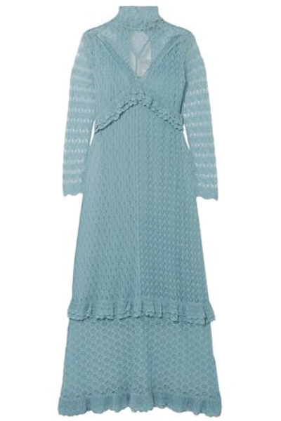 Shop Alexa Chung Alexachung Woman Ruffle-trimmed Pointelle-knit Turtleneck Midi Dress Sky Blue