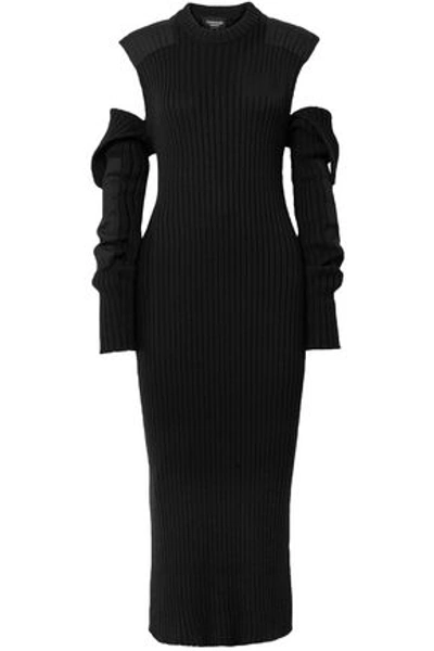 Shop Calvin Klein 205w39nyc Woman Cold-shoulder Open-back Ribbed Cotton-blend Midi Dress Black