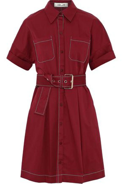 Shop Diane Von Furstenberg Woman Belted Stretch-cotton Mini Shirt Dress Brick