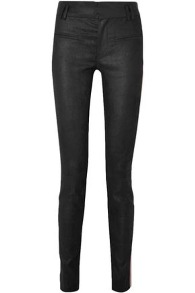 Shop Haider Ackermann Woman Grosgrain-trimmed Brushed-leather Skinny Pants Black