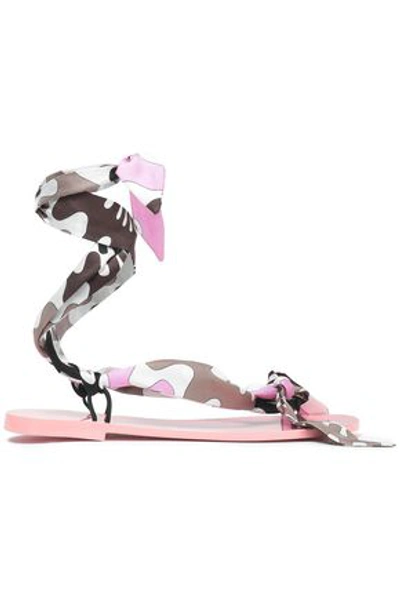 Shop Emilio Pucci Lace-up Printed Silk-twill Flip Flops In Baby Pink