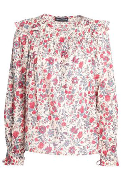 Shop Antik Batik Woman Smocked Floral-print Cotton Blouse Beige