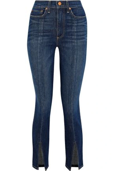 Shop Alice And Olivia Split-front Faded High-rise Skinny Jeans In Dark Denim
