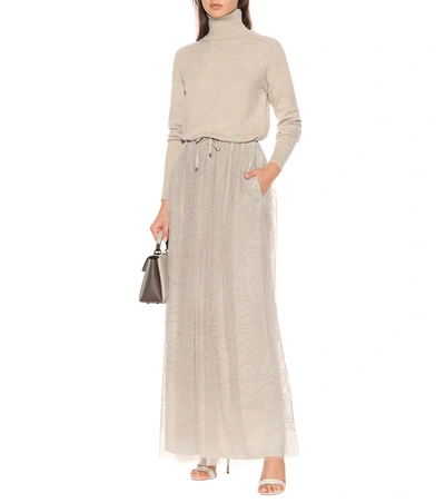 Shop Brunello Cucinelli Embroidered Tulle Maxi Skirt In Grey