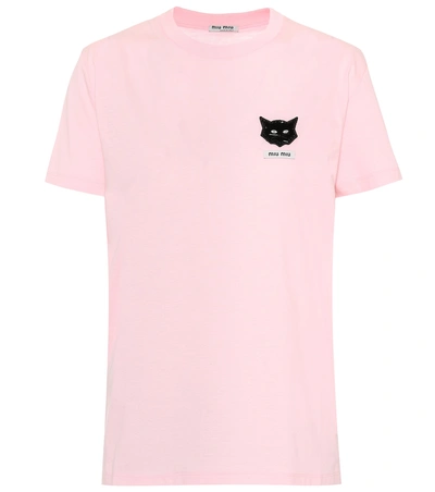 Shop Miu Miu Embellished Cotton T-shirt In Pink