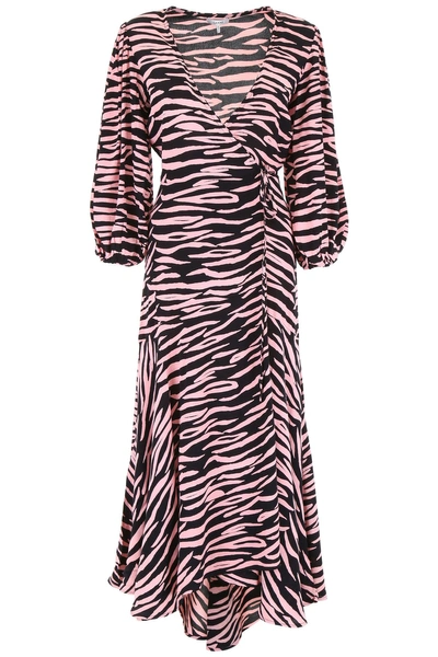 Shop Ganni Zebra Wrap Dress In Black (pink)