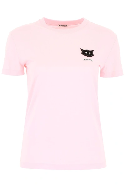 Shop Miu Miu T-shirt With Cat Patch In Rosa|rosa