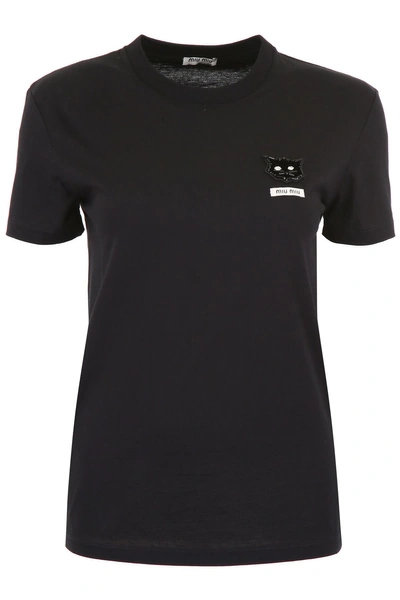 Shop Miu Miu T-shirt With Cat Patch In Nero|nero