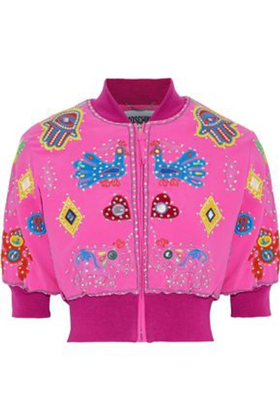 Shop Moschino Woman Cropped Appliquéd Crepe Bomber Jacket Bright Pink