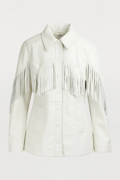 Shop Ganni Angela Fringed Leather Jacket In Egret