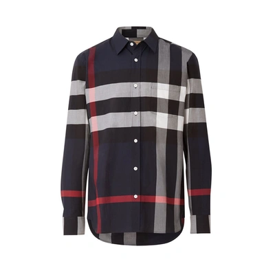 Shop Burberry Check Stretch Cotton Shirt In Navy Ip Check