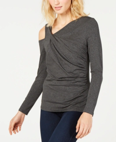 Shop Vince Camuto Ruched Cold-shoulder Top, Created For Macy's In Medium Heather Grey