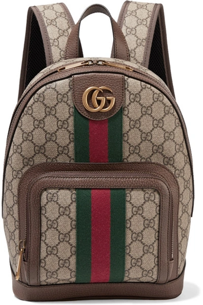 Shop Gucci Ophidia Small Textured Leather-trimmed Printed Coated-canvas Backpack In Beige
