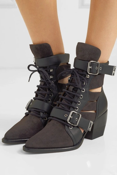 Shop Chloé Rylee Cutout Leather And Suede Ankle Boots In Dark Brown