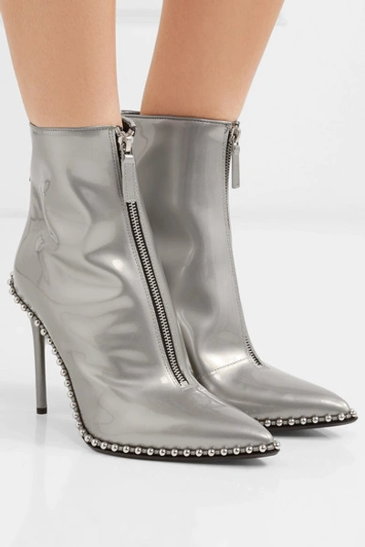 Shop Alexander Wang Eri Studded Metallic Patent-leather Ankle Boots In Silver