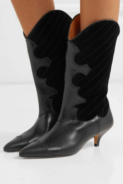 Shop Ganni Leather And Quilted Velvet Knee Boots In Black
