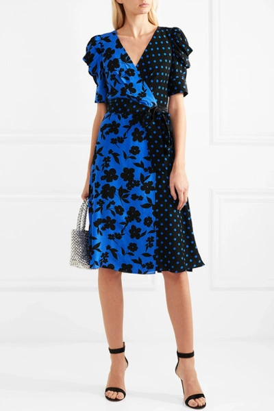 Shop Alice And Olivia Siona Wrap-effect Printed Silk Crepe De Chine Dress In Blue