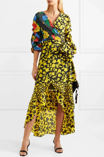 Shop Alice And Olivia Sueann Asymmetric Tiered Floral-print Satin-trimmed Silk Crepe De Chine Skirt In Yellow