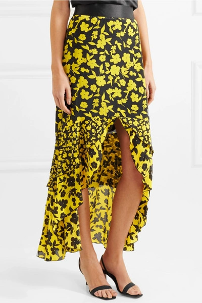 Shop Alice And Olivia Sueann Asymmetric Tiered Floral-print Satin-trimmed Silk Crepe De Chine Skirt In Yellow