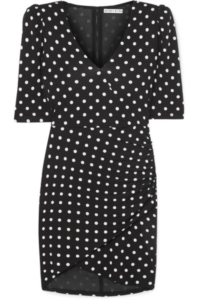 Shop Alice And Olivia Judy Ruched Polka-dot Stretch-jersey Mini Dress In Black