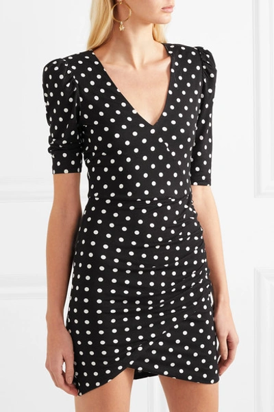 Shop Alice And Olivia Judy Ruched Polka-dot Stretch-jersey Mini Dress In Black