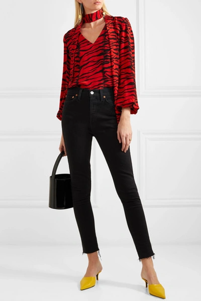 Shop Rixo London Moss Pussy-bow Tiger-print Silk-crepe Blouse In Red