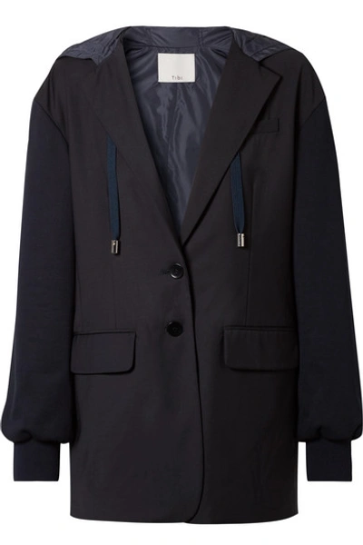 Shop Tibi Reversible Hooded Jersey And Shell-paneled Woven Blazer In Midnight Blue