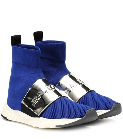 Shop Balmain Cameron Mesh And Leather Sneakers In Blue