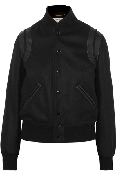 Shop Saint Laurent Teddy Leather-trimmed Wool-blend Bomber Jacket In Black
