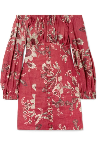 Shop Zimmermann Juno Off-the-shoulder Floral-print Linen Mini Dress In Brick