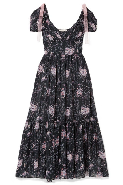 Shop Loveshackfancy Angie Gathered Floral-print Silk-georgette Maxi Dress In Midnight Blue