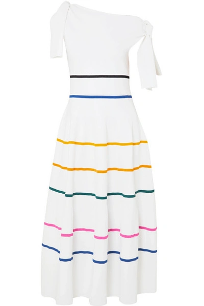 Shop Carolina Herrera Cold-shoulder Striped Stretch-knit Dress In White