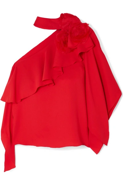 Shop Costarellos One-shoulder Ruffled Crepe And Organza Top In Red