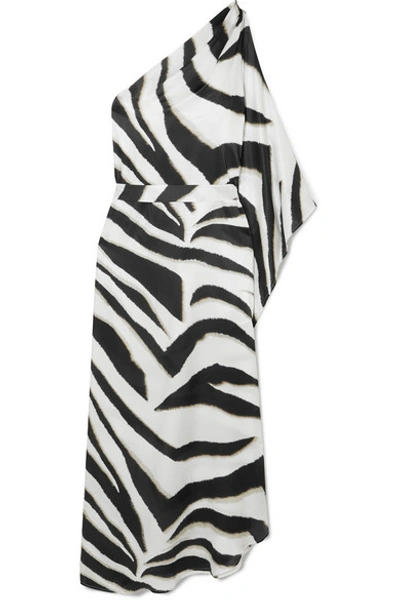 Shop Melissa Odabash Lauren One-shoulder Zebra-print Charmeuse Kaftan In White