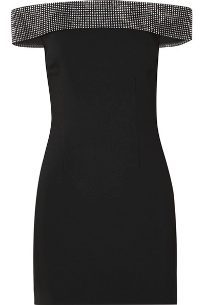 Shop Christopher Kane Crystal-embellished Off-the-shoulder Twill Mini Dress In Black