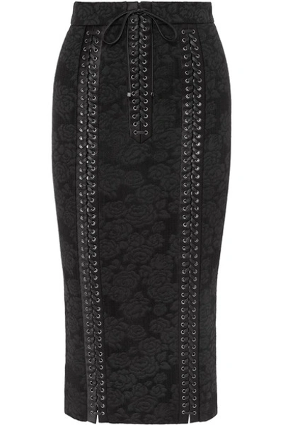 Shop Dolce & Gabbana Lace-up Satin-trimmed Lace Pencil Skirt In Black