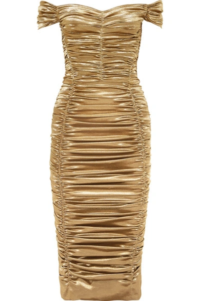 Shop Dolce & Gabbana Off-the-shoulder Ruched Silk-blend Lurex Midi Dress In Gold