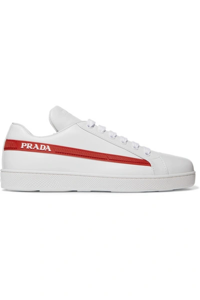 Shop Prada Avenue Last Logo-embellished Leather Sneakers In White